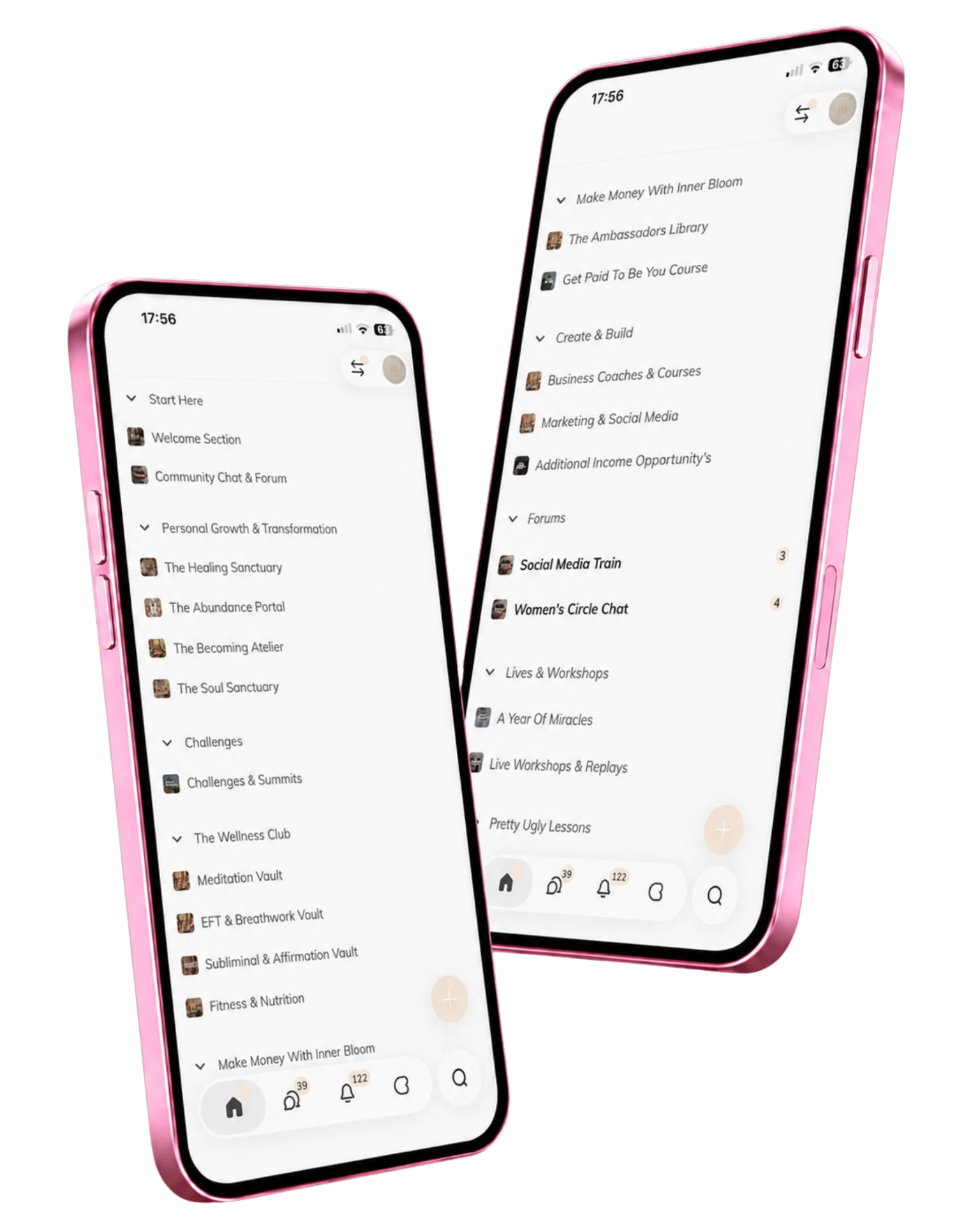 Two pink-framed iPhones showing the Inner Bloom app interface