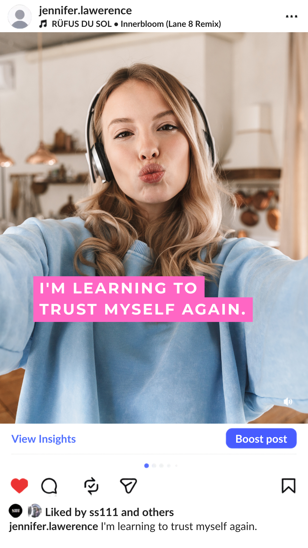 Instagram carousel post of a woman in headphones with a pink caption reading I'm learning to trust myself again